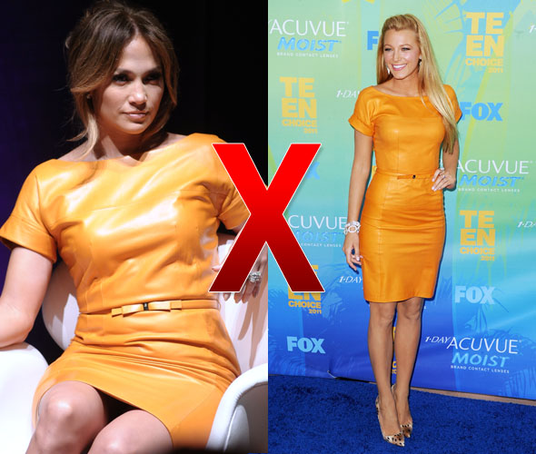 Jennifer Lopez e Blake Lively com vestido laranja de couro
