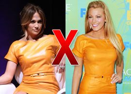 Jennifer Lopez e Blake Lively com vestido laranja de couro