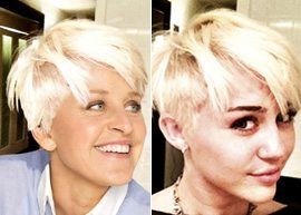 Apresentadora Ellen Degeneres copia o novo cabelo de Miley Cyrus