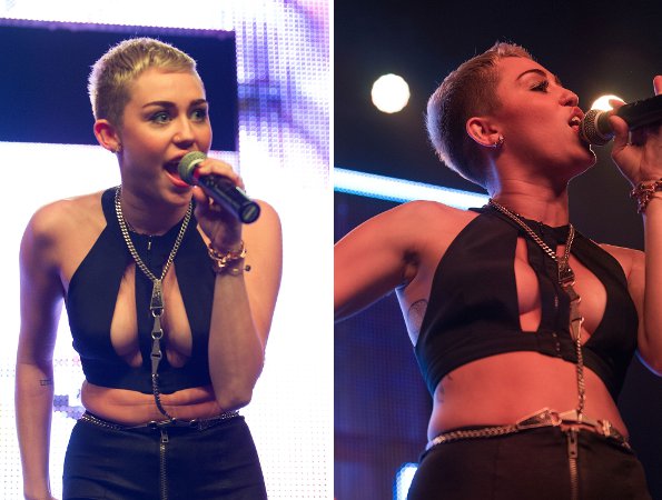 Miley Cyrus faz show com decote generoso