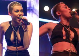 Miley Cyrus faz show com decote generoso
