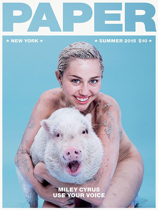 Capa da Paper Magazine com Miley Cyrus nua ao lado de porca de estimação