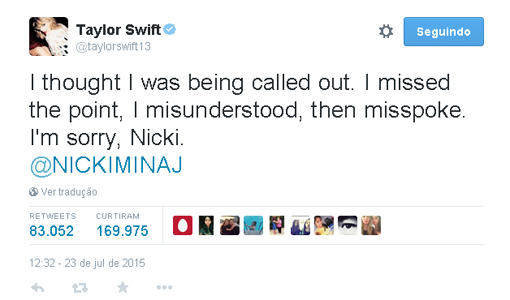 Taylor Swift pede desculpas a Nicki Minaj e cantora aceita