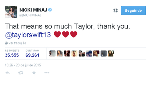 Taylor Swift pede desculpas a Nicki Minaj e cantora aceita