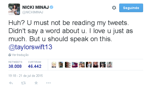 Taylor Swift e Nicki Minaj se desentendem no twitter. Entenda a briga