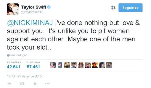 Taylor Swift e Nicki Minaj se desentendem no twitter. Entenda a briga