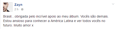 Zayn Malik publicação em português no Facebook