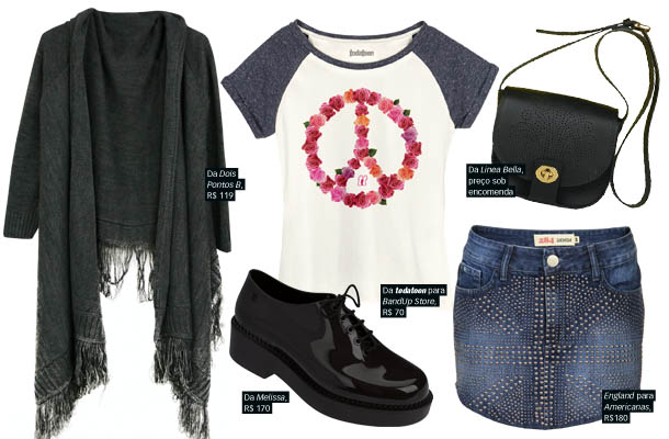 Look descolado com saia jeans com detalhes e t-shirt