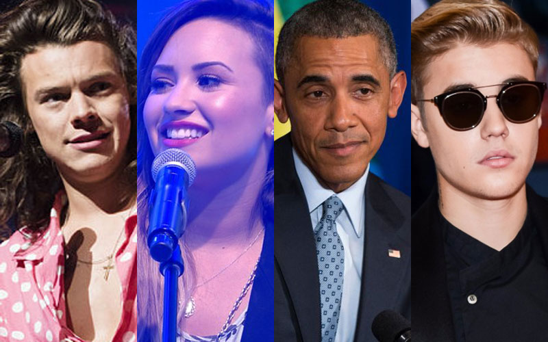 harry styles, barack obama, demi lovato e justin bieber influenciadores do twitter