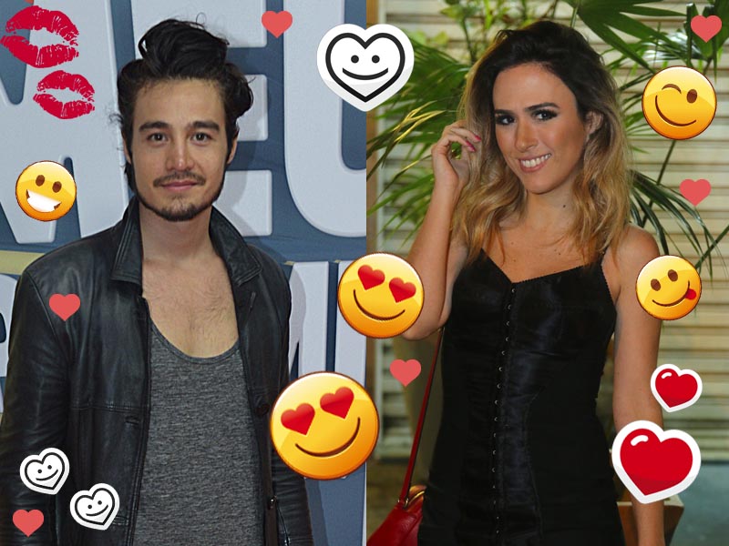 Tatá Werneck e Tiago Iorc em montagem com emojis apaixonados