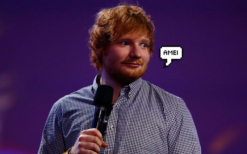 Ed Sheeran com um balãozinho de "amei''