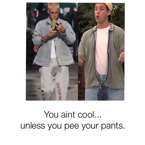 Montagem de instagram de Justin Bieber com ele de calça molhada e o personagem Billy Madison