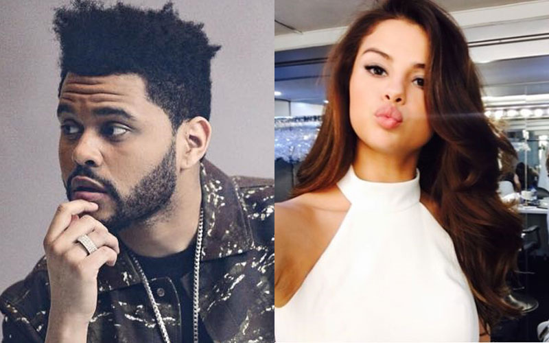 the weeknd olhando para o lado e selena gomez