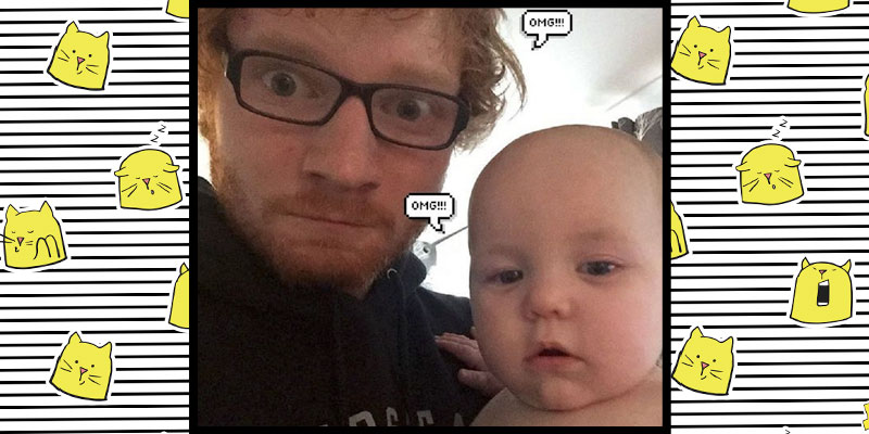 Ed Sheeran com bebê no colo. Montagem com bordas coloridas e há um balão escrito "OMG"