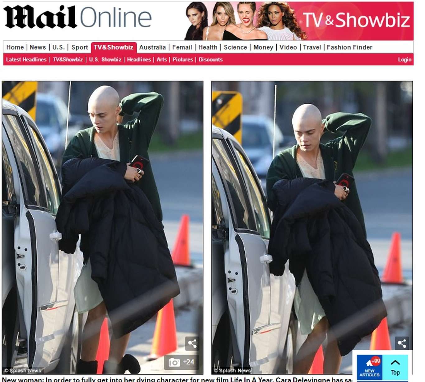 Primeira página do jornal Daily Mail Online, onde mostra a atriz Cara Delevingne careca, flagrada próxima a seu carro