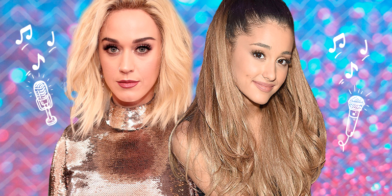 Montagem une Ariana Grande e Katy Perry em fundo azul e rosa com desenhos musicais