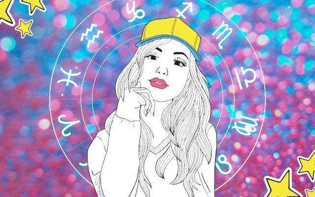 uma imagem com um roda dos signos atrás de uma ilustração de uma menina de boné