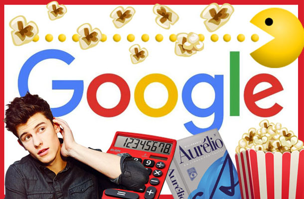 Logotipo do google com montagens de Shawn Mendes, pipoca, etc.