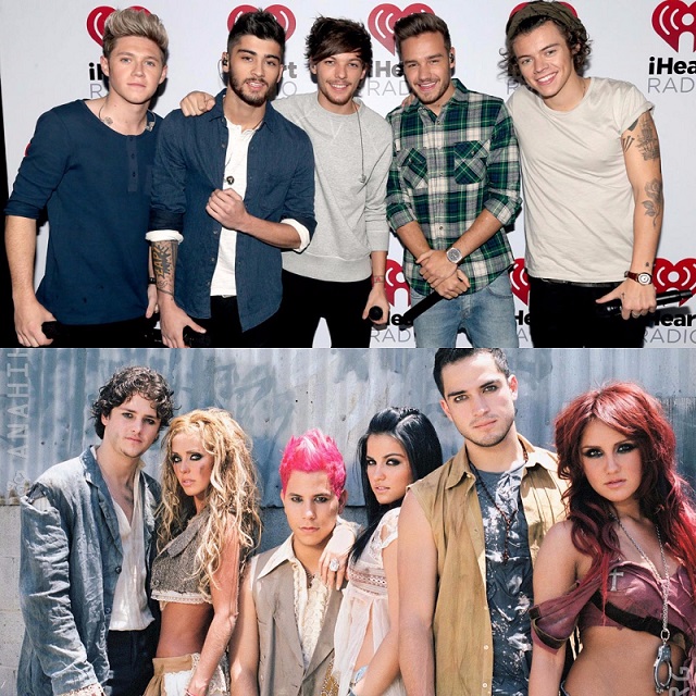 Montagem com as bandas RBD, embaixo, e One Direction, em cima