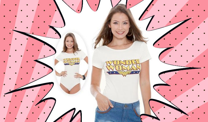 mulher usando bodie branco da mulher maravilha