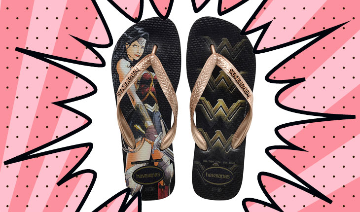 havaianas preta e dourada da mulher maravilha
