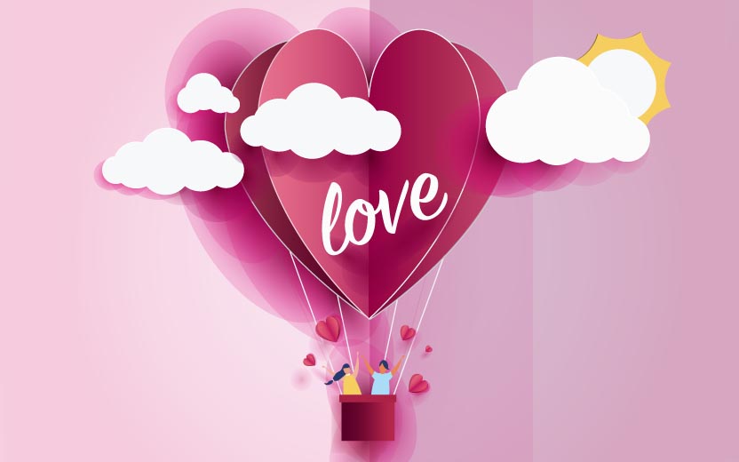 Balão rosa com a palavra love numa ilustração