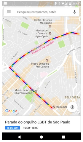 print do google maps com trajeto da parada lgbt de são paulo em arco íris