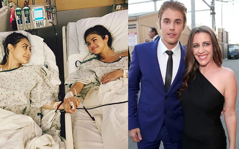 montagem de fotos com Selena Gomez e amiga em camas de hospital e Justin Bieber com sua mãe