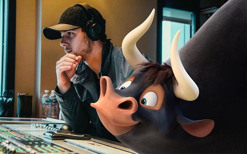 Nick Jonas e touro ferdinando em estúdio