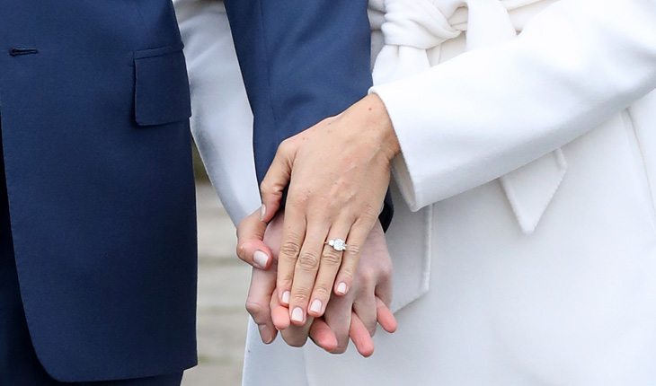 Príncipe Harry e Meghan Markle mostrando o anel de noivado