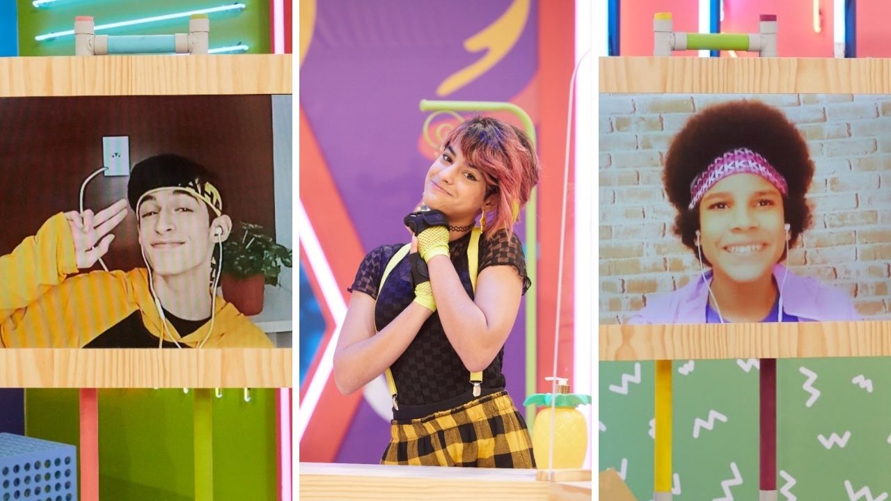 Os atores Isabella Casarini, Nathália Costa e Samuel Minervino participam  do gameshow 'Rolê Gloob de férias' - Telinha - Extra Online