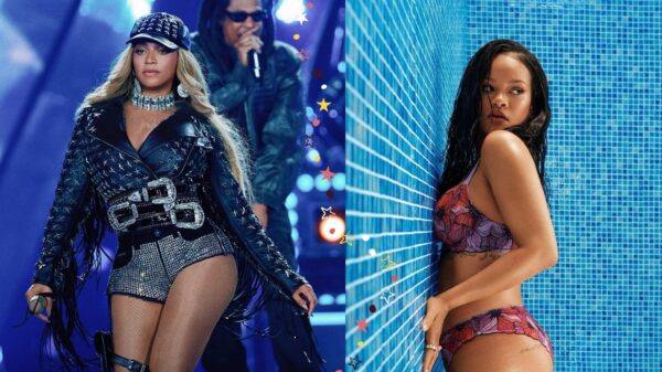 À esquerda, Beyoncé se apresenta em um show usando chapéu preto, jaqueta e shorts brilhantes; à direita, Rihanna posa de biquíni estampado encostada em uma parede de azulejos azuis.