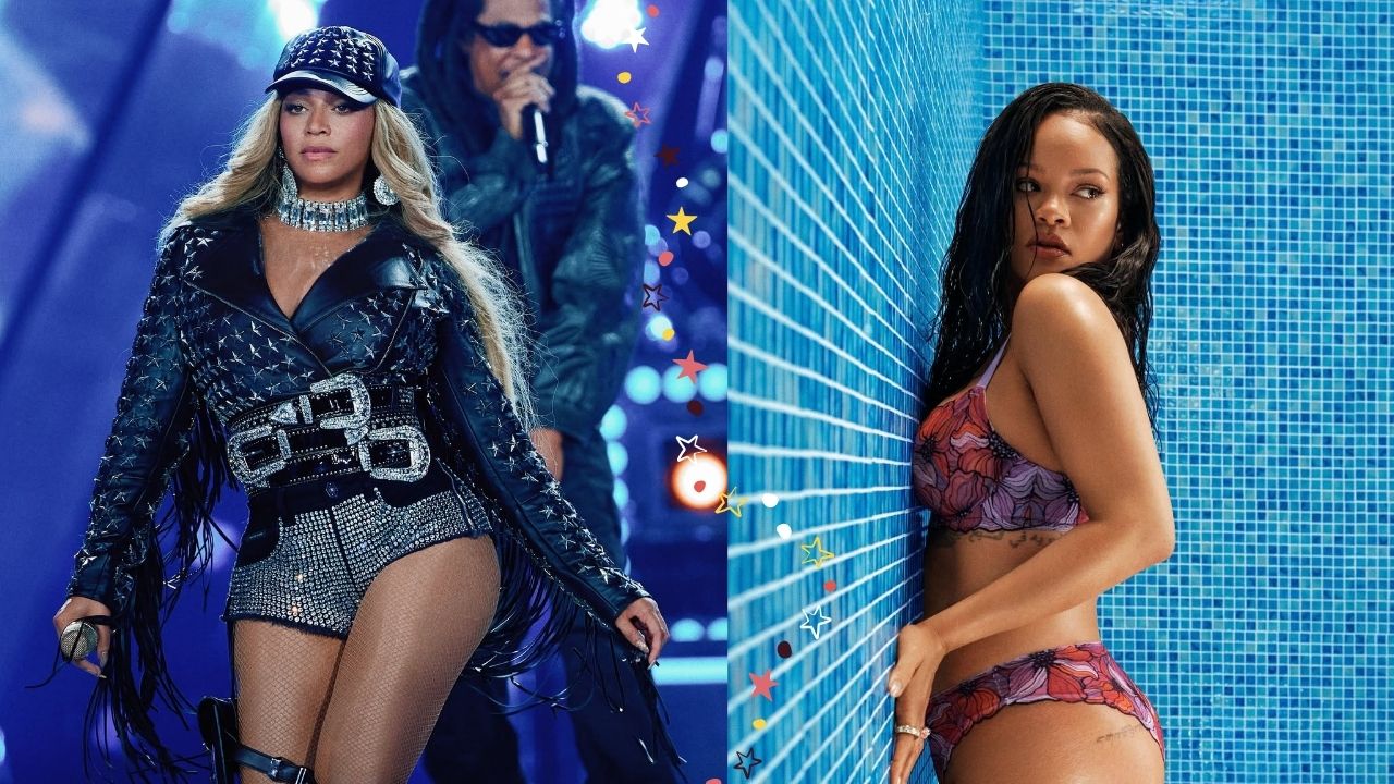 À esquerda, Beyoncé se apresenta em um show usando chapéu preto, jaqueta e shorts brilhantes; à direita, Rihanna posa de biquíni estampado encostada em uma parede de azulejos azuis.